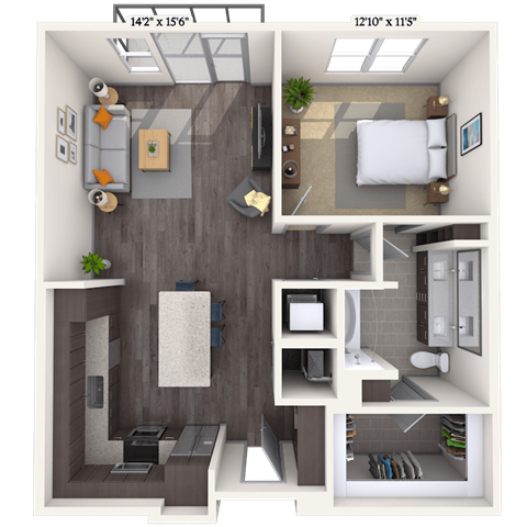Floor plan for 1 bed, 1 bath, 903 sqft